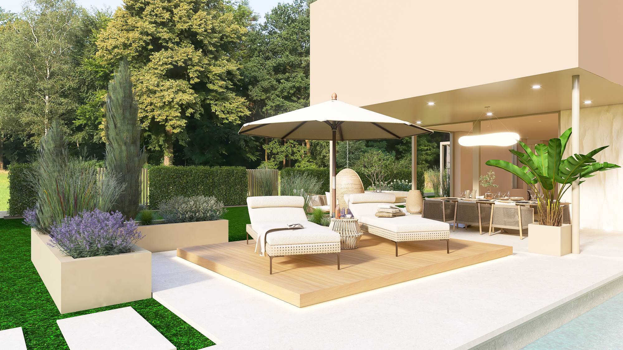 Gartenentwurf von Puristic – Terrasse mit Pergola und naturnaher Bepflanzung